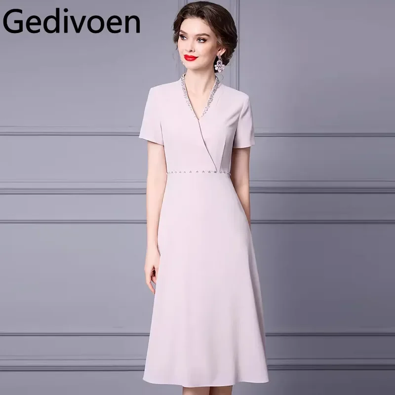 

Gedivoen Summer Fashion Runway Designer Dresses Women's Vintage Solid Color Heavy DiamondNail Bead Temperament Midi Dresses