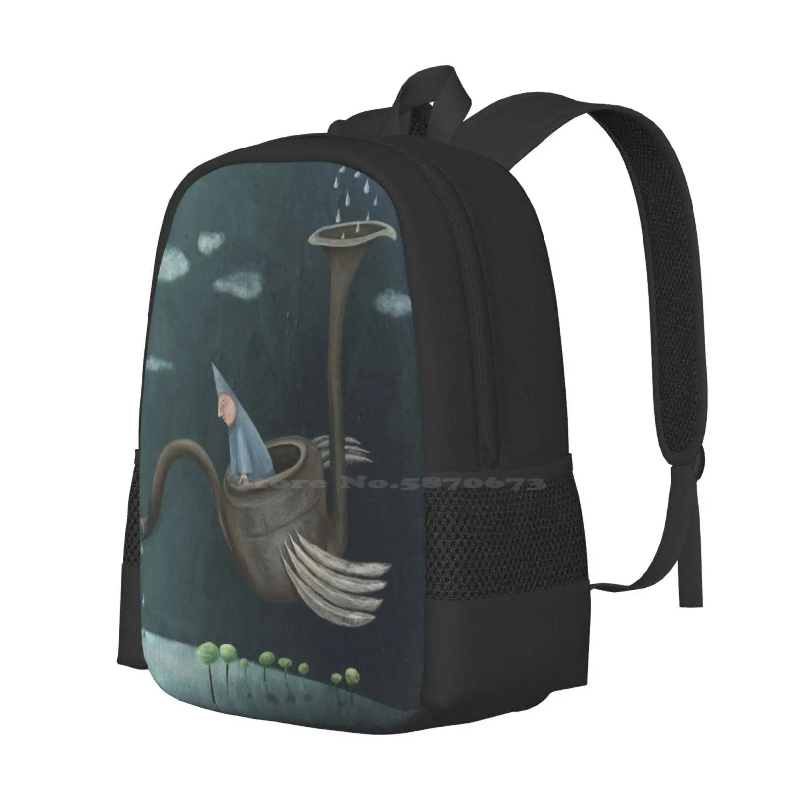 The Flying Machine Hot Sale Schoolbag Backpack Fashion Bags Flying Machine Quirky Whimsical Green Fizzyjinks Corel Painter Sky