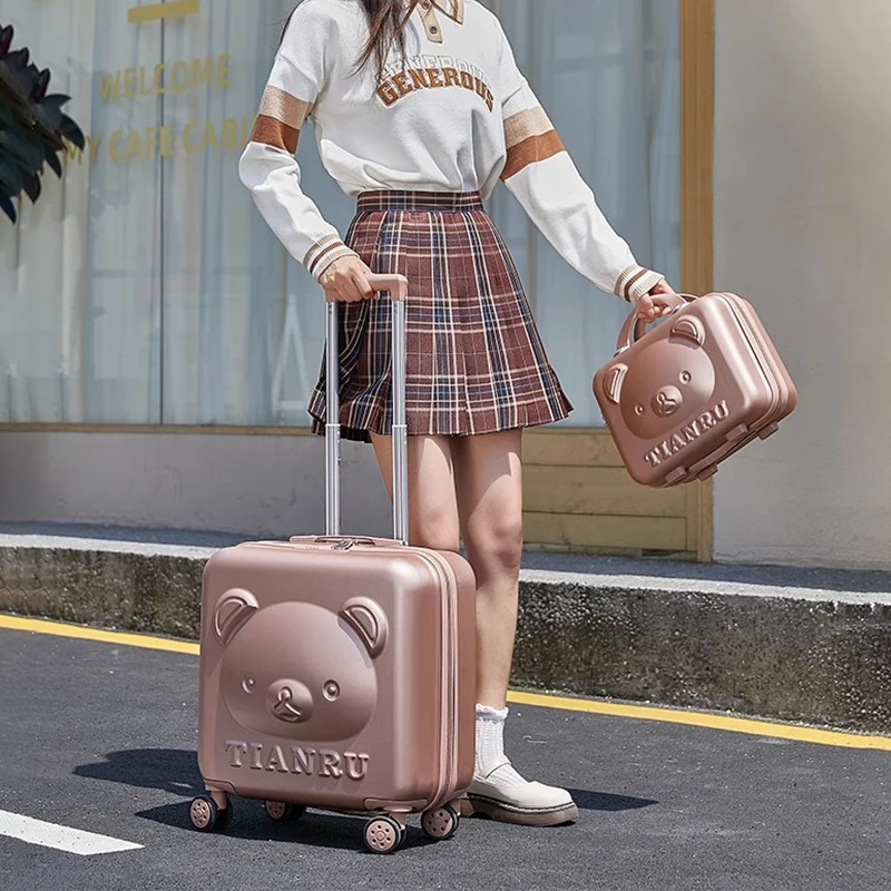 Petite valise à tête d'ours avec mot de passe pour femme, trousse à cosmétiques pour femme, joli ensemble de bagages, valise cabine, sac de voyage à roulettes, 14/20 po