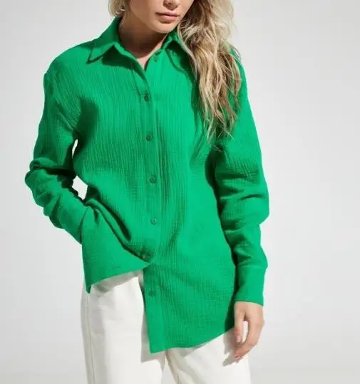 قميص نسائي جديد لخريف وشتاء 2025 بأكمام طويلة من نسيج كريب القطن الخالص قميص فضفاض مريح جديد ملابس نسائية