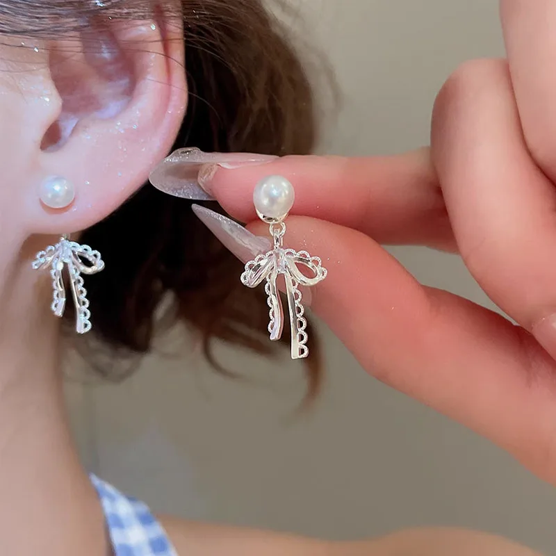 Pearl Ruffle Butterfly Knot Pendant Silver Needle Earrings Fashion Minimalist Style Stud Earrings Unique Design Women's Jewelry