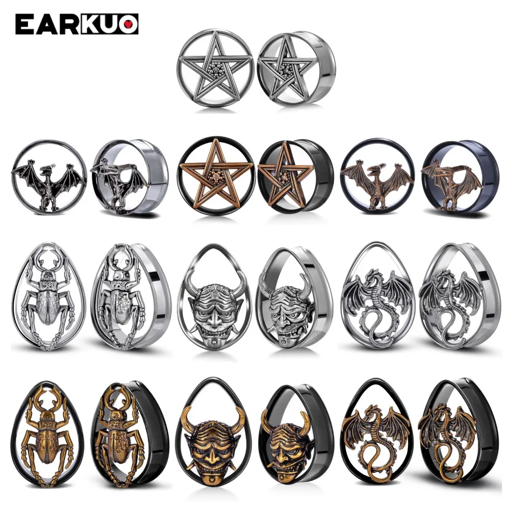 EARKUO Stainless Steel Beetle Dragon Ear Piercing Tunnels Plugs Gauges Body Jewelry Screw Expanders Earrings 2PCS