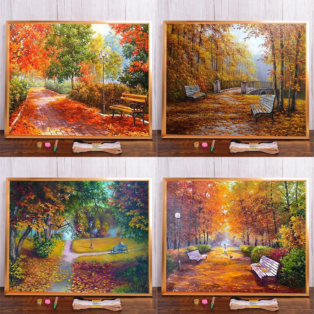 Landscape Golden Forest Printed Fabric Cross-Stitch Kit Embroidery Handiwork Knitting Needlework Sewing For Adults Jewelry Floss