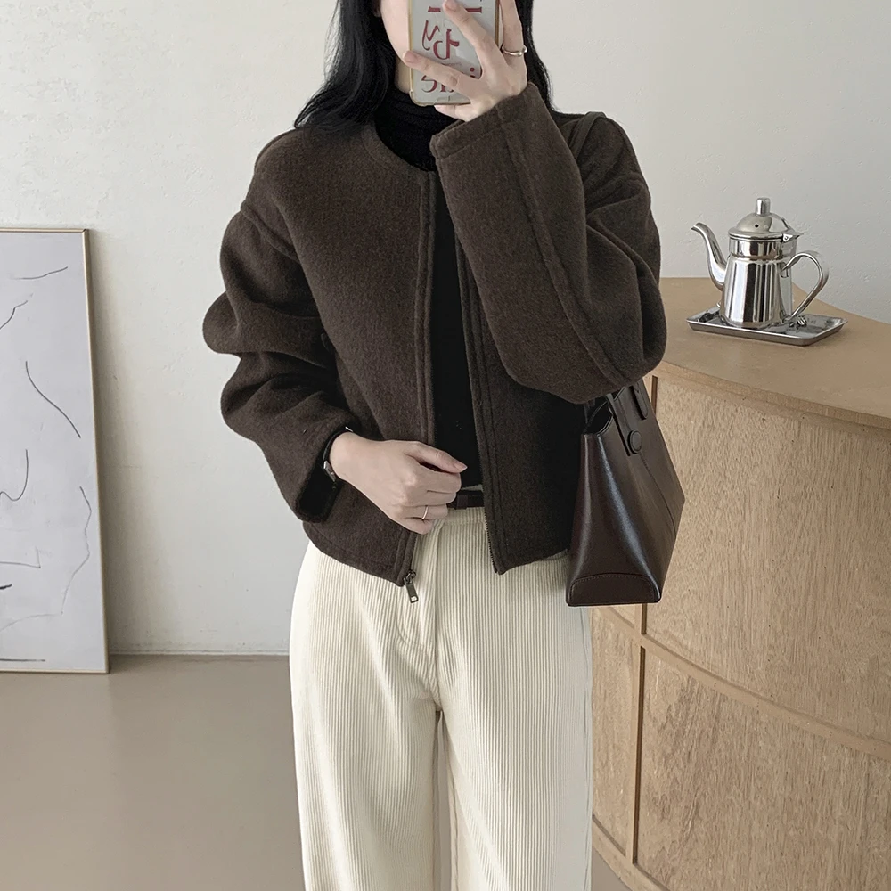 

Chic Woolen Coat Women's Zipper Loose Commute round Ne ort Top Autumn Winter High-End Feeling Ele Chinese Brand