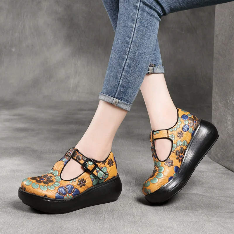 Summer New  Retro Ethnic Style   inside and outside Platform High Heel Buckle T-Straps Mom