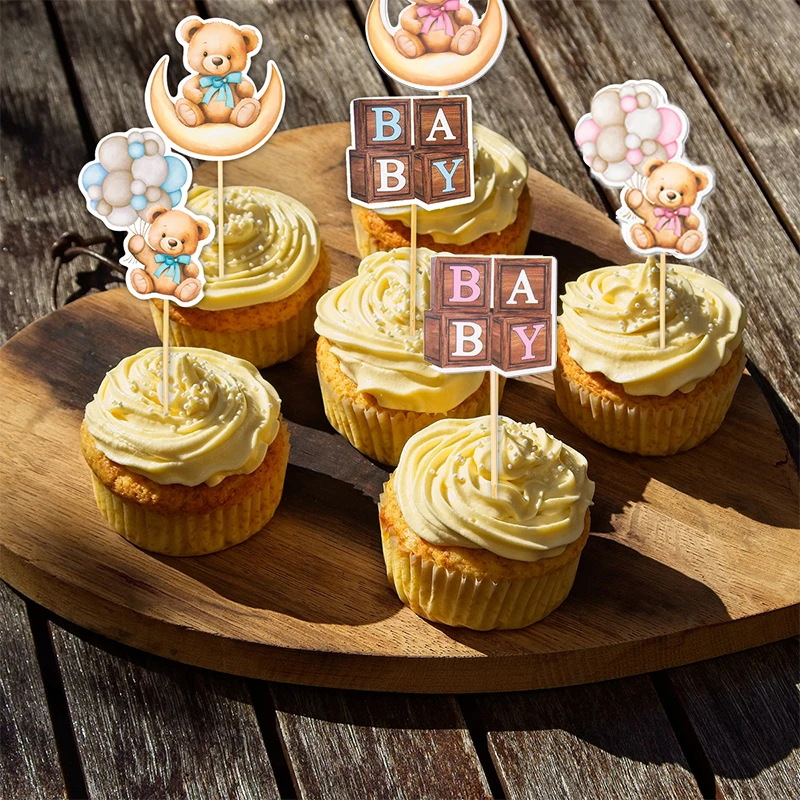 12/24pcs Cute Baby Shower Bear Cupcake Toppers Baby Bear Theme Cake Decorations Bear Birthday Party Cake Decorative Supplies