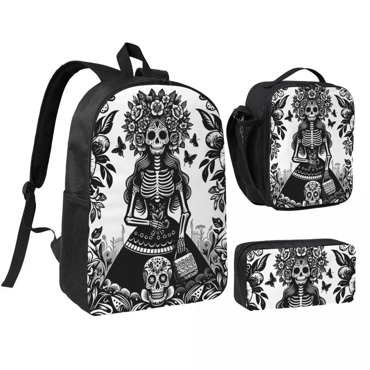

Mexican Catrina Girl Day Of The Dead Sugar Skull Backpack BookBag School Bag Shoulder Bags 3ps Insulated Lunch Bag Pencil Case
