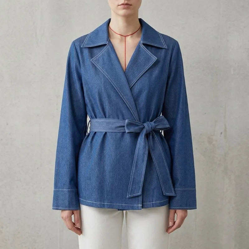 

Женская модная блузка Yeezzi из имитации денима с поясом, отложным воротником и баской, 2026, с длинными рукавами, контрастной строчкой, повседневная офисная блузка