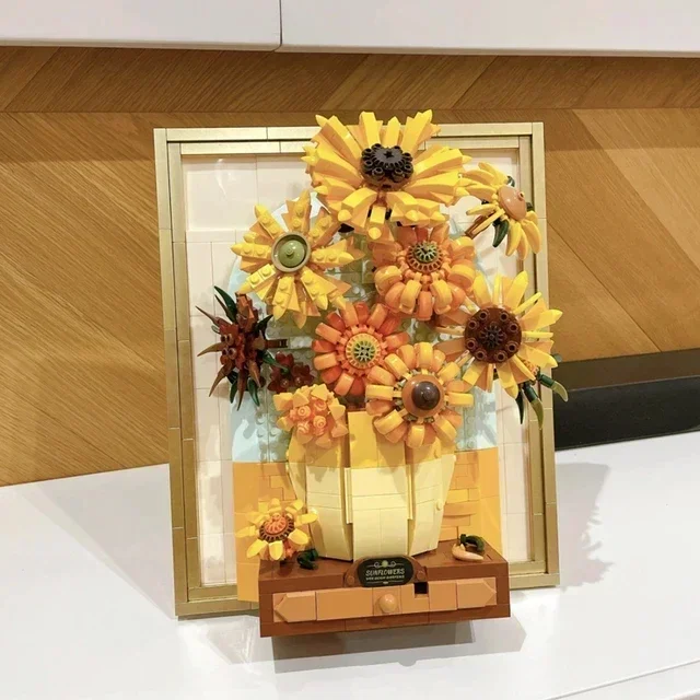 Van Gogh Sunflower Photo Frame with Light Building Blocks Classic Art Picture Model Bricks MOC Toys for Children Gifts Home Deco