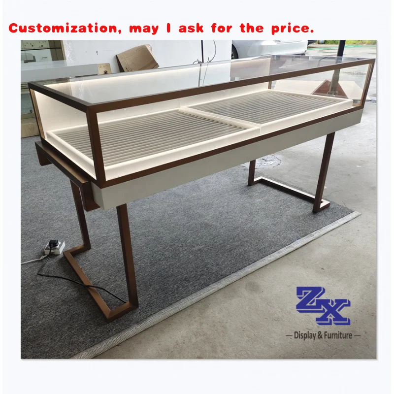 

custom.High End Tempered Glass with Brushed Rose Stainless Frame Jewelry showcase Counter with Jewelry Tray