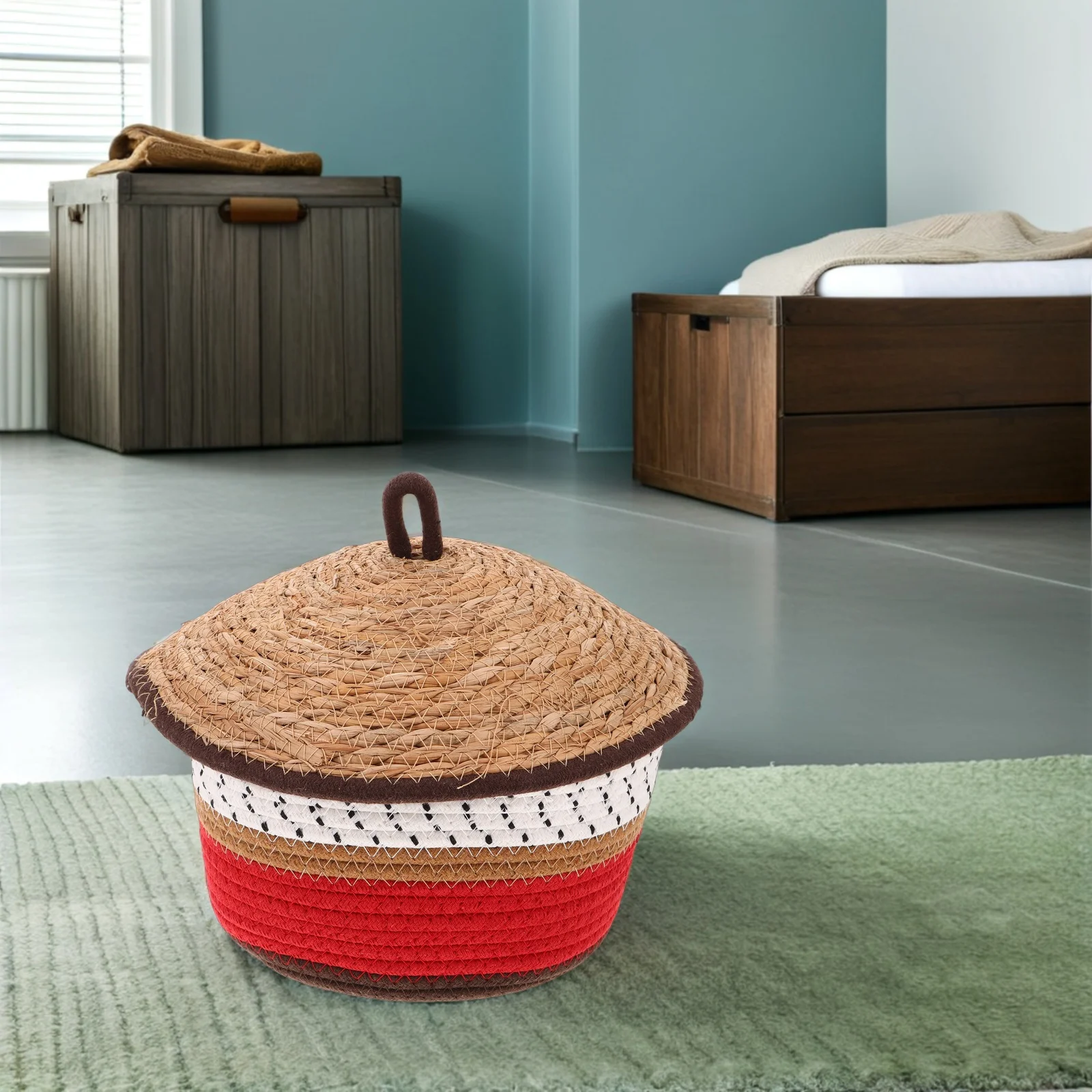 

Cotton Rope Woven Basket Round Storage Organizer Lid Handle Nursery Desktop Sundries Box Handwoven Decorative Bin