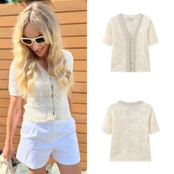 PB&ZA 2024 summer new women's fashion short-sleeved V-neck romantic casual hollow knitted cardigan top