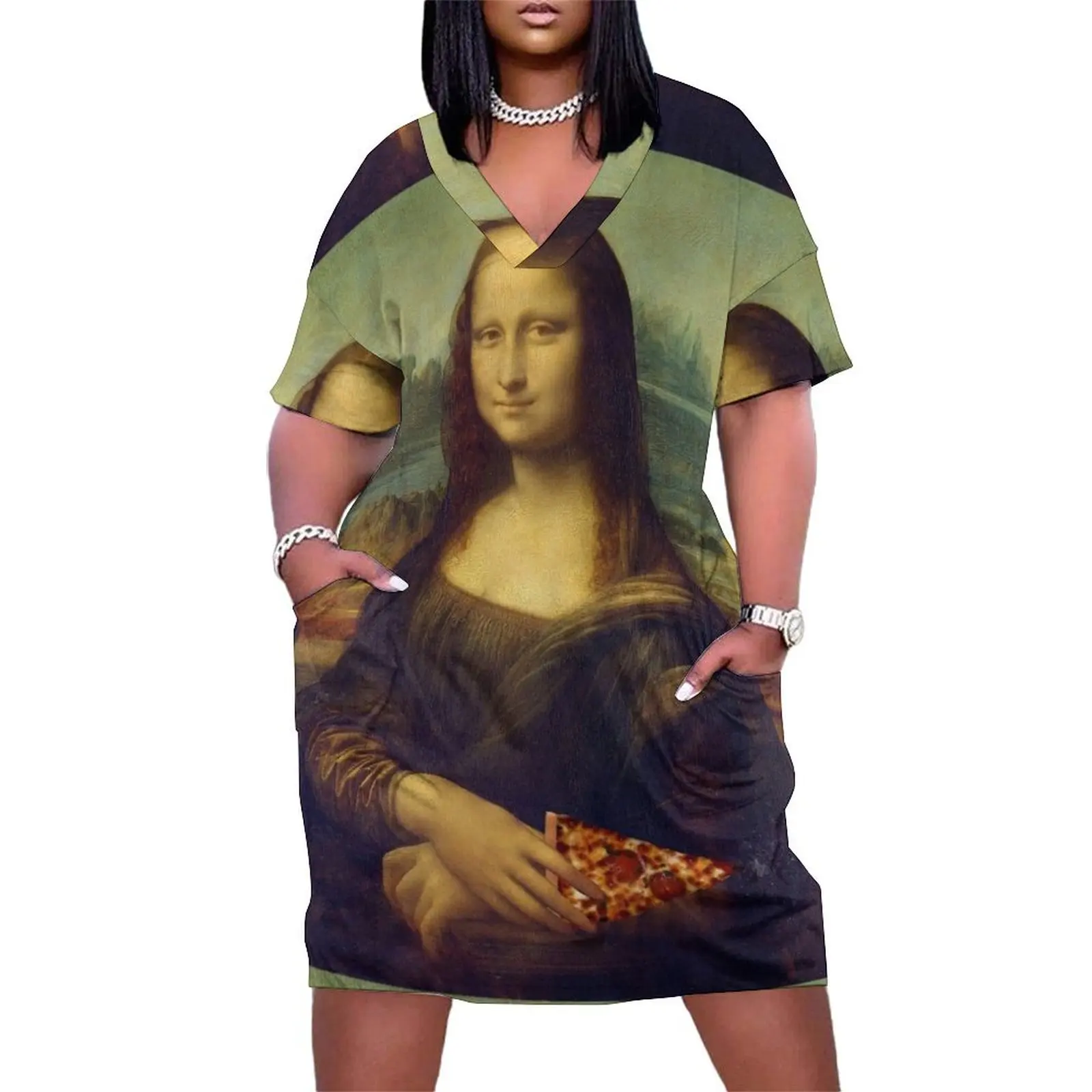 

Mona Lisa with a Piece of Pizza Loose Pocket Dress Dress vintage Evening gown women's clothing summer 2025 novelties