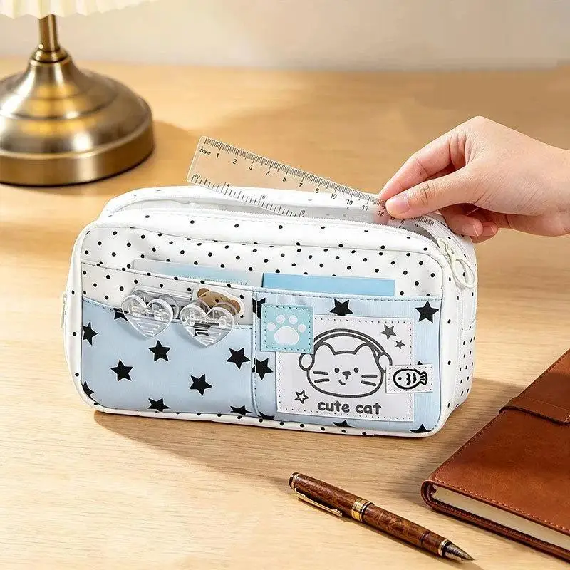 Cat Pattern Pencil Case With Blue Polka Dot Design Pencil Bag For Students School Supplies Multi-Layer Large Capacity Pen Bag