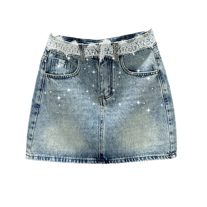 Lace Stitching Denim Skirt for Women 2024 New Summer High Waist Slim Fit Slimming European Goods Rhinestone Skirt Street