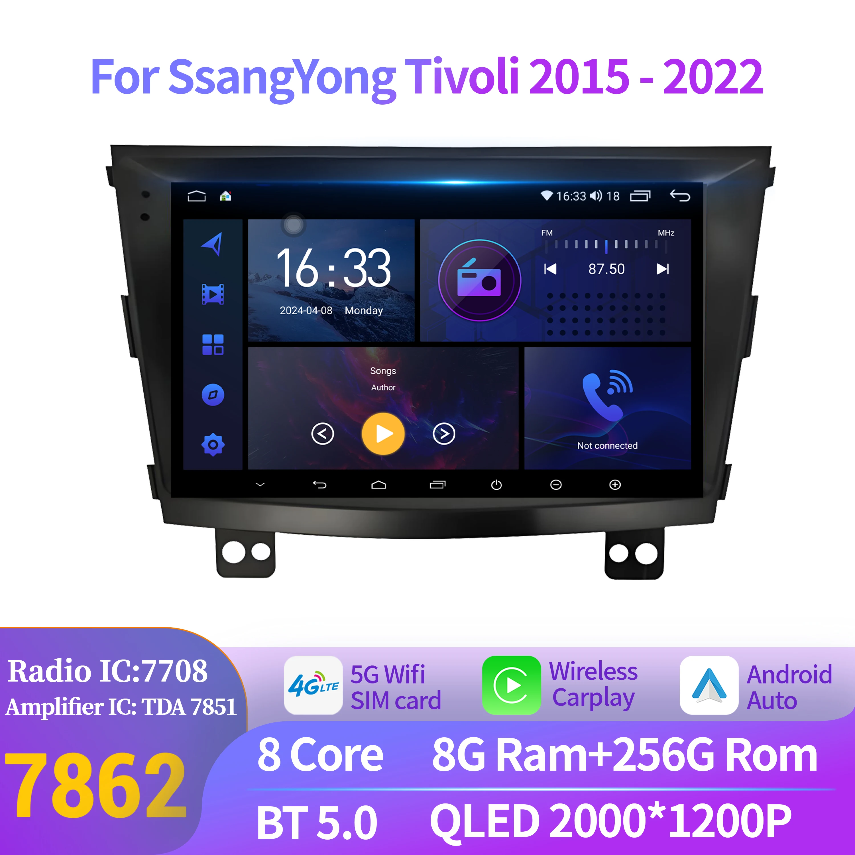 Android 14 For SsangYong Tivoli 2015-2022 Car Radio Multimedia Video Player 4G GPS Navigation Car Play Stereo 2K QLED Screen