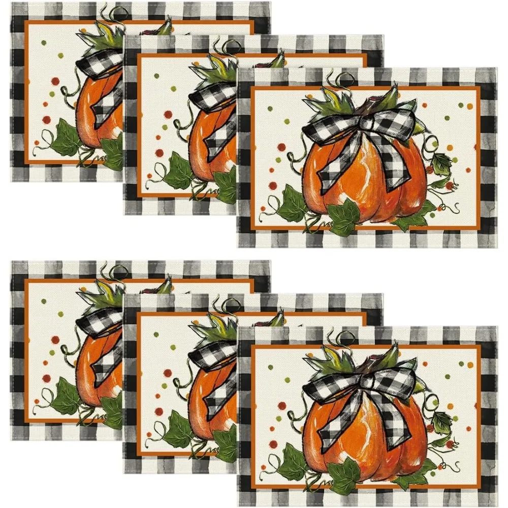 Pumpkin Brown Buffalo Plaid Fall Placemats Set Of 6, 12x18 Inch Seasonal Autumn Table Mats For Table Runner Home Party