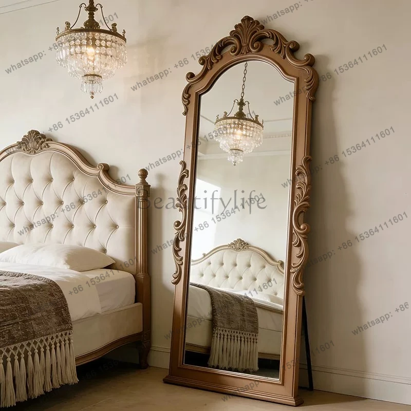 European retro carved arch dressing mirror wall hanging full-length mirror