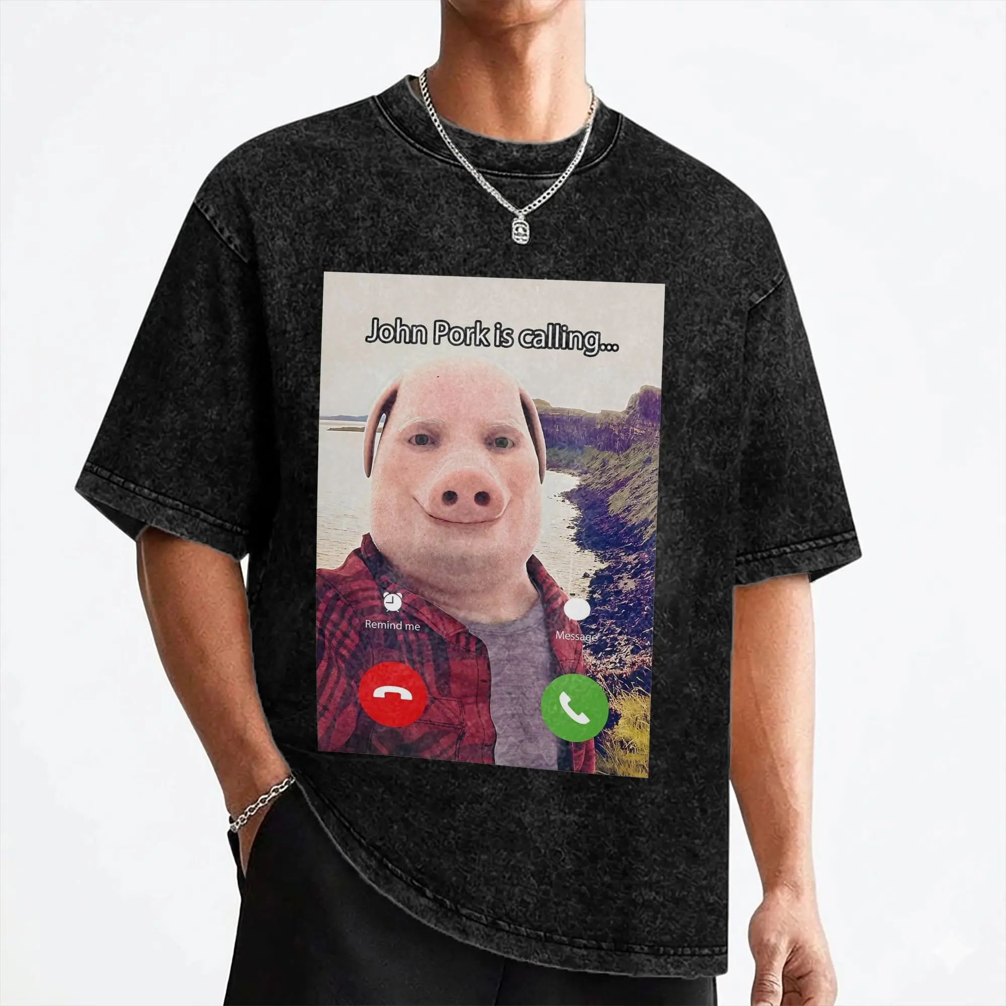 John Pork Is Calling Funny Answer Call Phone T Shirts Washed Cotton T-Shirt meme Retro Men Women Streetwear Summer Tops Tees