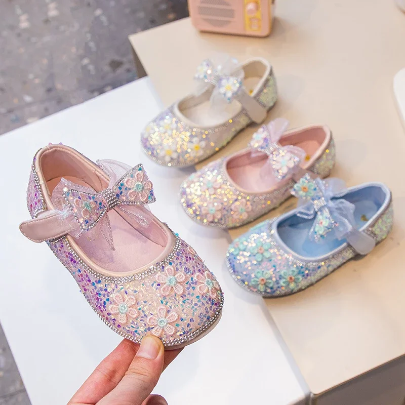 Autumn New Flower Sequined Girls' Princess Shoes Soft Sole Anti Slip Children's Casual Shoes Fashion Bow Baby Flats