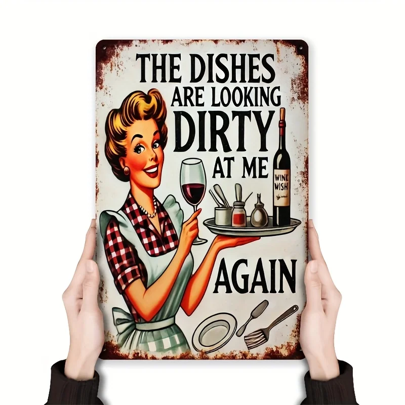 Vintage 'The Dishes Are Looking Dirty At Me Again' Metal Sign - es, Retro Kitchen Wall Art, Perfect for Home, Office Decor or Gi