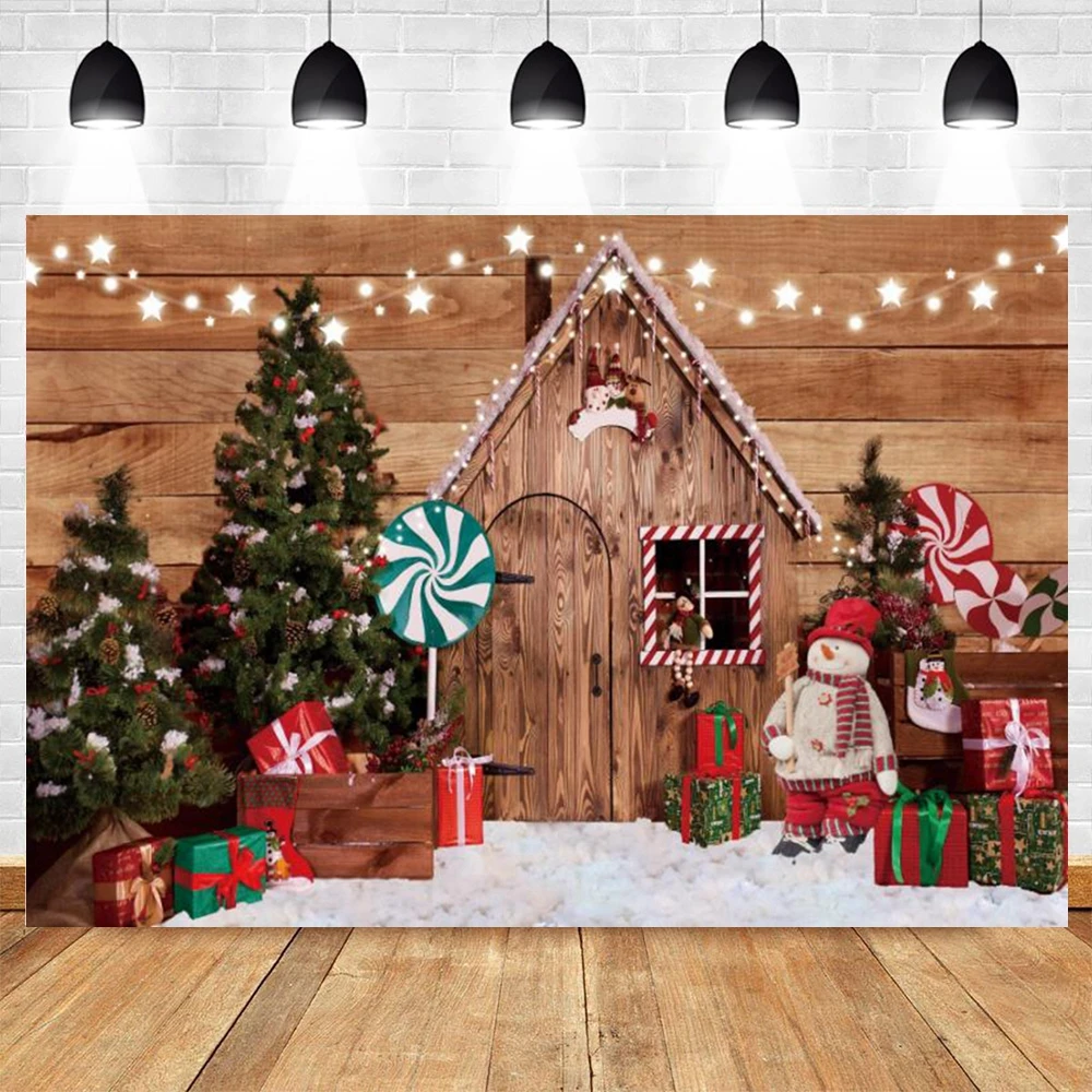 Toile de fond de Noël pour la photographie, cadeaux de Noël, arbre, cheminée, boutique d'ours, décor de fête de vacances, portrait pour enfants et adultes