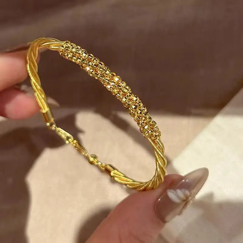 Light Luxury Twist Disco Bead Bangle Women 24K Gold AU999 Suitable for Gift and Wear Decent and Stylish