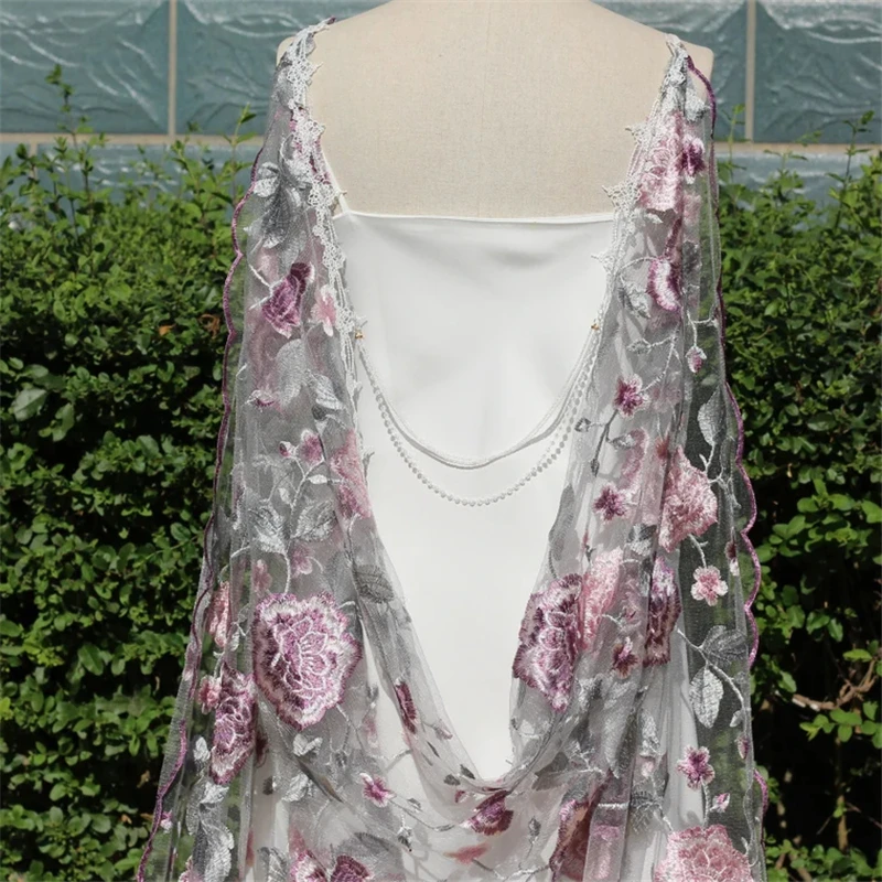 Purple Pink Grey Embroidered Flowers Leaves Floral Wedding Bridal Cape Shoulder Veils Cloak For Brides Long Lace Trim Unique