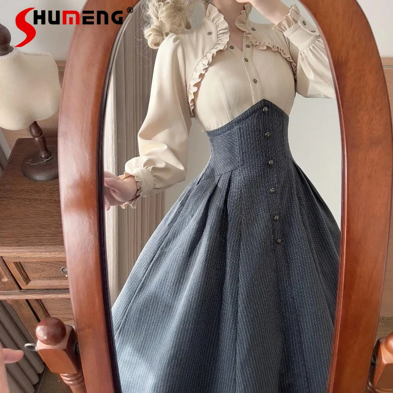

French Retro Style Ruffled Small Stand Collar Shirt With Detachable Bow Tie Blusas Sweet Cute Single-Breasted Top Blouse Female
