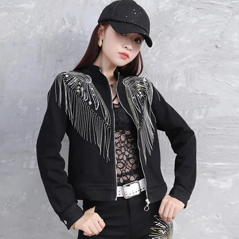 Fashion Black Denim Jacket Women Clothes 2023 Spring and Autumn New Jean Coat Female Tassel Sequin Slim Fitting Jackets Trend