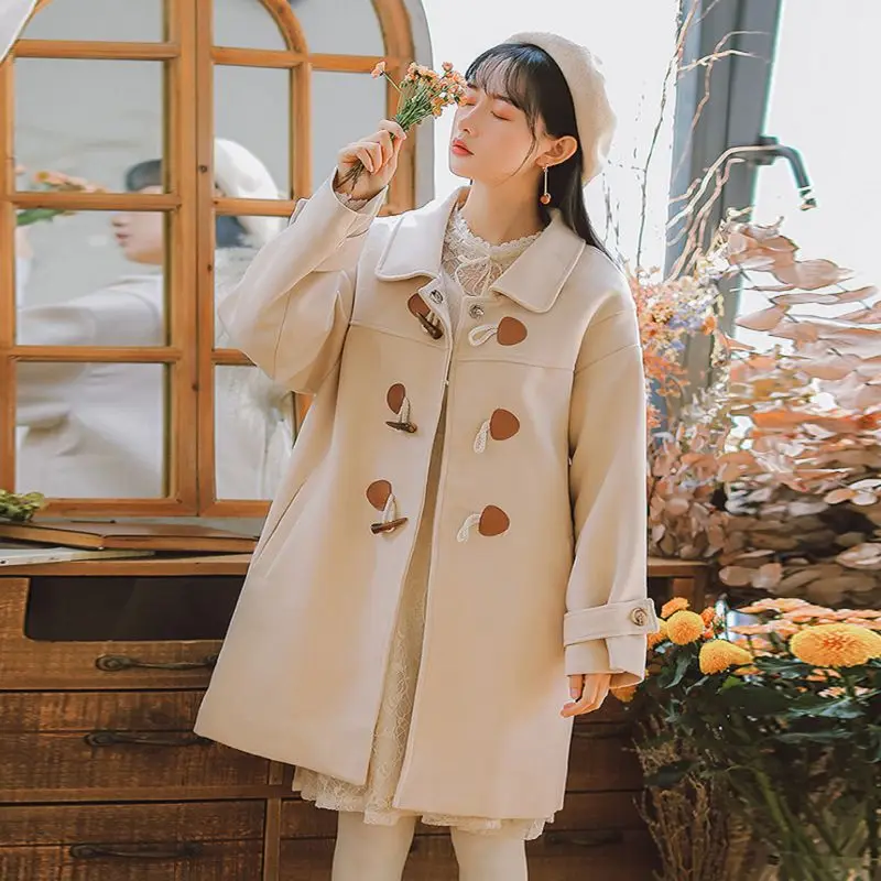 

Women's Horn Button Wool Coat Mid Length Slim Fit Winter Warm Thickened Overcoat for Petite Women Korean Style Fashionable