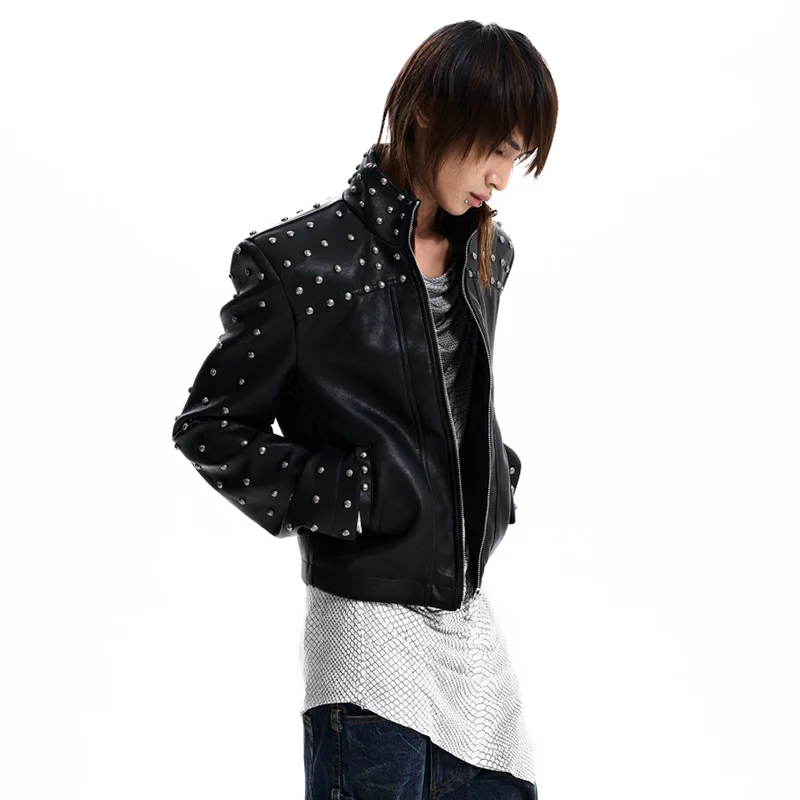LUZHEN 2026 New Original Rivet Metal Decorate Stand Neck Leather Jacket Men's High Quality Slim Motorcycles Short Coat JY9063