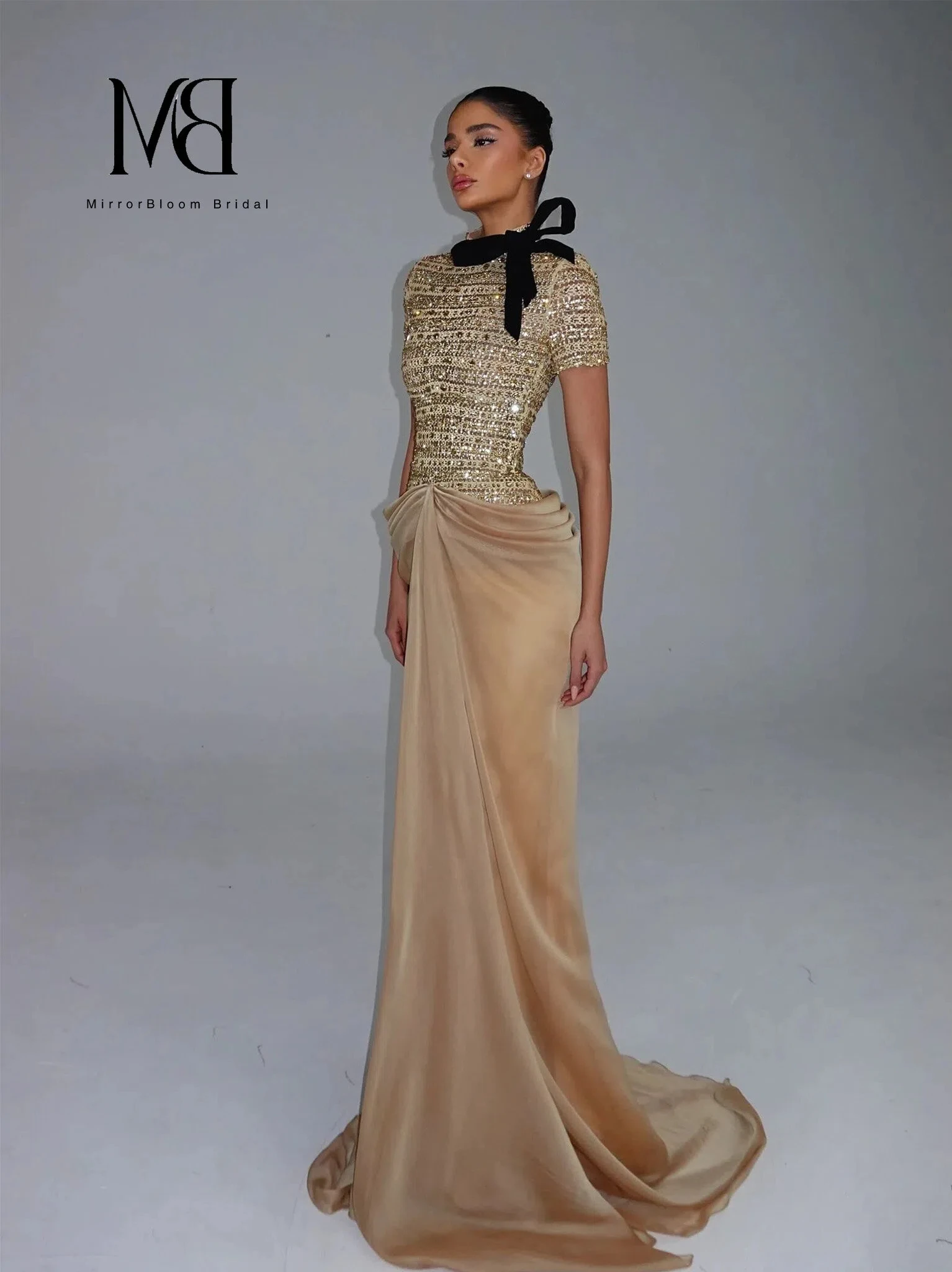 Elegant Champagne High Neck Sequin Bow Satin Draped Formal Dress Prom Gown Evening Dresses Floor Length Pleated Customized image 4