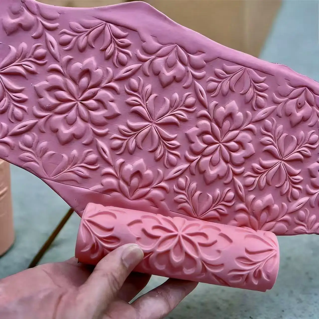 DIY Ton-Texturroller mit Damastmuster für Polymer-Fondant PLA – Langlebige 3D-Motive mit klassischen Blumen- und geometrischen Motiven – Detail 3