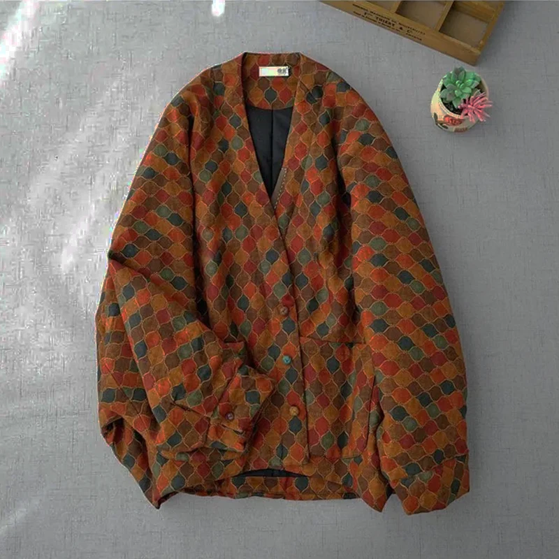 

Winter Printed Fashion Jackets Outwear For Women Loose Contrast Zipper Pocket Loose Overcoat Female Warm Coat Jackets 2025