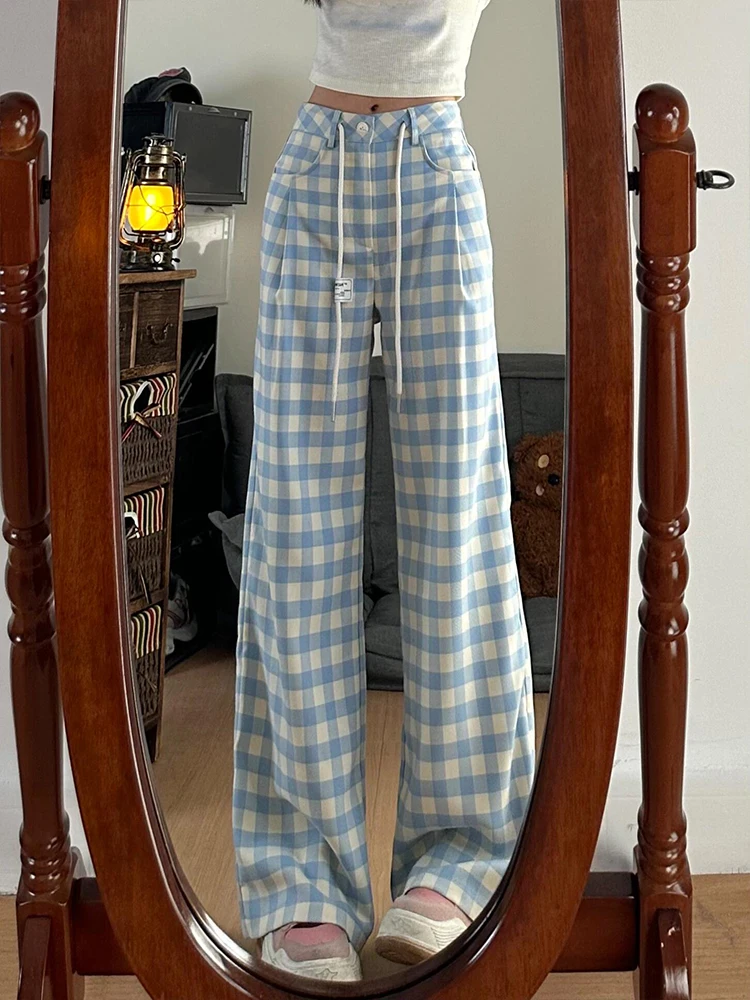 Pantalon à carreaux pour femmes, nouveau Style d'été, tendance, Simple, artistique, polyvalent, bleu, taille haute, jambes larges