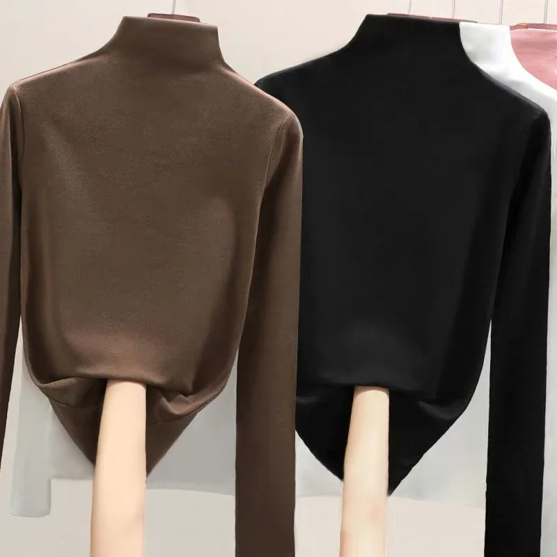 Double-sided Velvet Ladies Half-high Collar Warm Autumn Winter Slim Fit Long Sleeve T-shirt Top Underwear Shirt