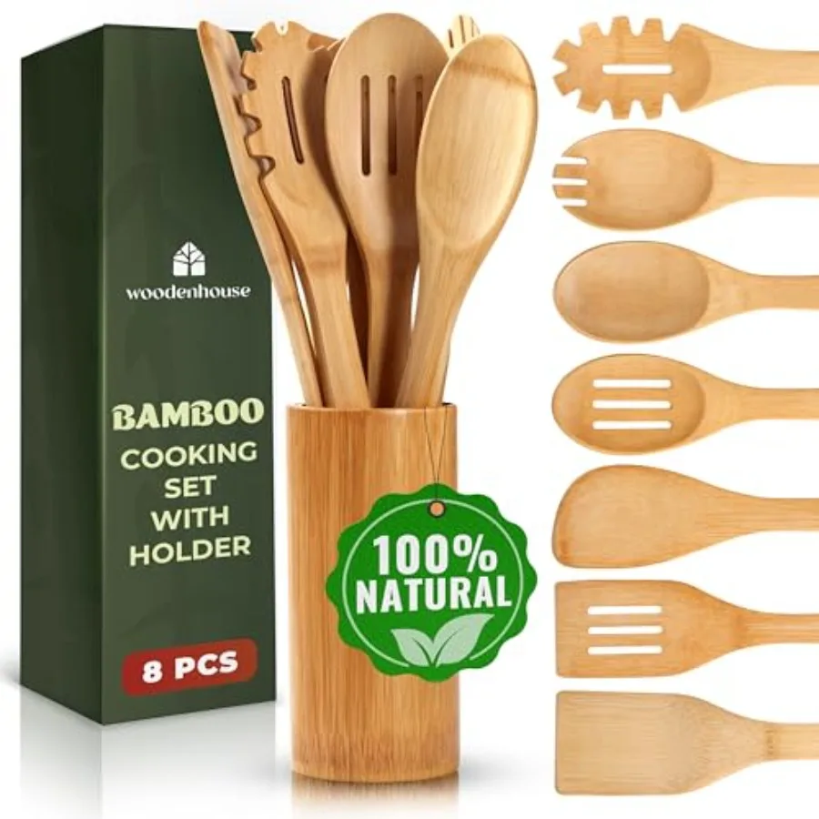 Bamboo Utensils 7 PCs with Holder Bamboo Cooking Utensils Set + Holder for Nonstick Wooden Spoon Sets for Cooking Easy to Clean