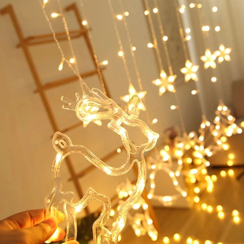 Christmas Fairy Curtain String Lights LED Star Deer 220V 110V Garland Festoon for Mother\'s Day Tree Navidad Party Home Decor