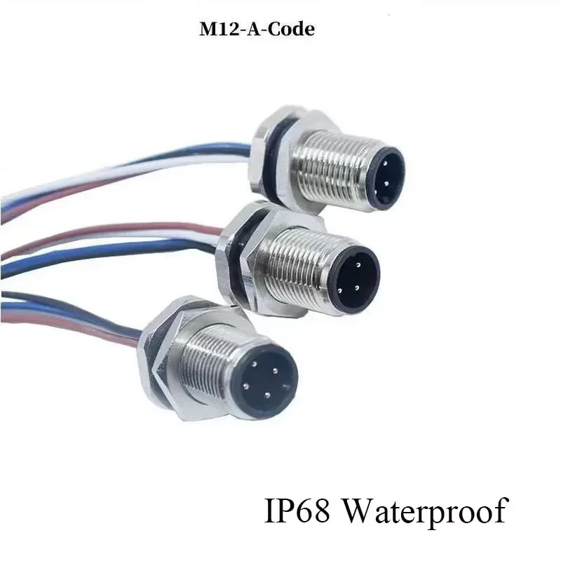 Waterproof M12 4 5 8 12 Pin Cable Connector IP68 Male Female Aviation Socket with 20CM Wire Open 12mm/16mm Panel Mount Sockets