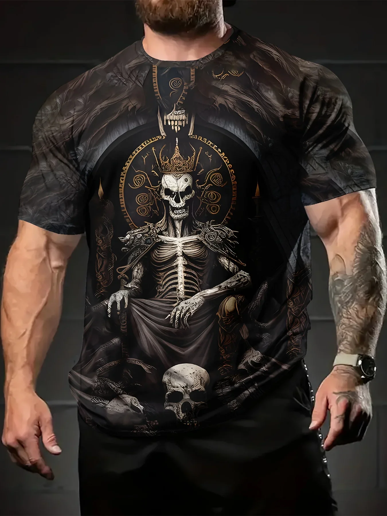 

Men's 3D Crowned Skull Print T-Shirt - Full-Body Gothic Graphic Tee for Summer Outdoor Sports & Casual Wear boys clothes