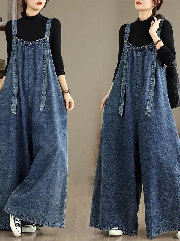 

Удлиненные джинсовые комбинезоны больших размеров Rer, женские винтажные свободные джинсовые комбинезоны с широкими штанинами, повседневные джинсы с высокой талией