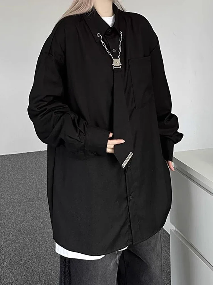 

Vintage Tie Y2K Shirts Women Oversize Loose Long Sleeve Harajuku Blouse American Dark Academic Streetwear Casual Bf Top JJ137