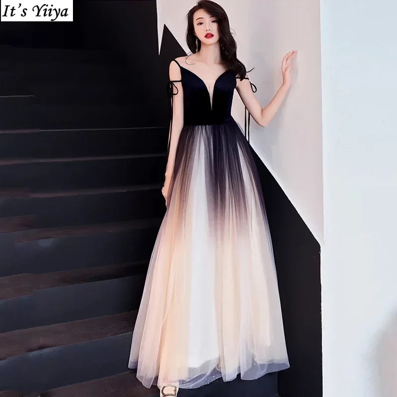 

It's Yiiya Evening Dresses Spaghetti Strap Black Tulle A-line Bow Robe De Soiree Floor length Plus size Women Party Formal Gowns