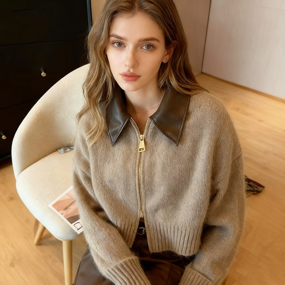 

PRINTKAOIR Patchwork Zipper Cropped Cardigan Women Autumn Knitted Sweater Bomber Jacket Vintage 2000s Short Fitted Knitwear Coat