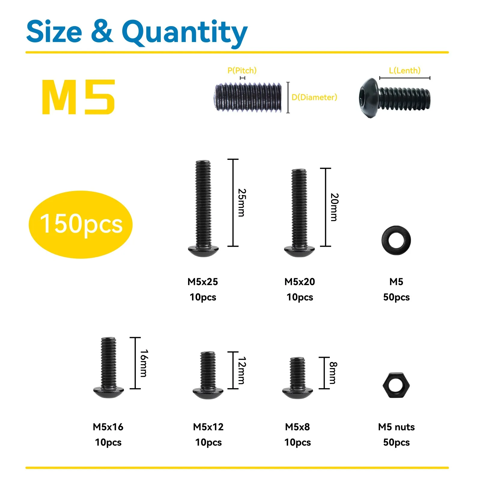 WZHUIDA M5*8/12/16/20/25mm Hexagon Hex Socket Screws Nuts Kit  with 1 Hex Wrench 150 Pcs M5 Button Head Allen Bolts ISO7380