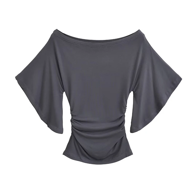 สไตล์เกาหลีผู้หญิงฤดูร้อนเซ็กซี่แขนค้างคาว Slash คอปิดไหล่เสื้อยืด Cinching เอว Slim Top