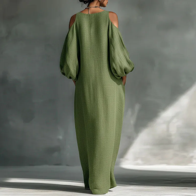 Bohemian Woman Dresses Vacation Sexy Cold Shoulder Lantern Long Sleeve Maxi Dress 2026 Spring Casual O Neck Solid Pullover Dress - Image 2