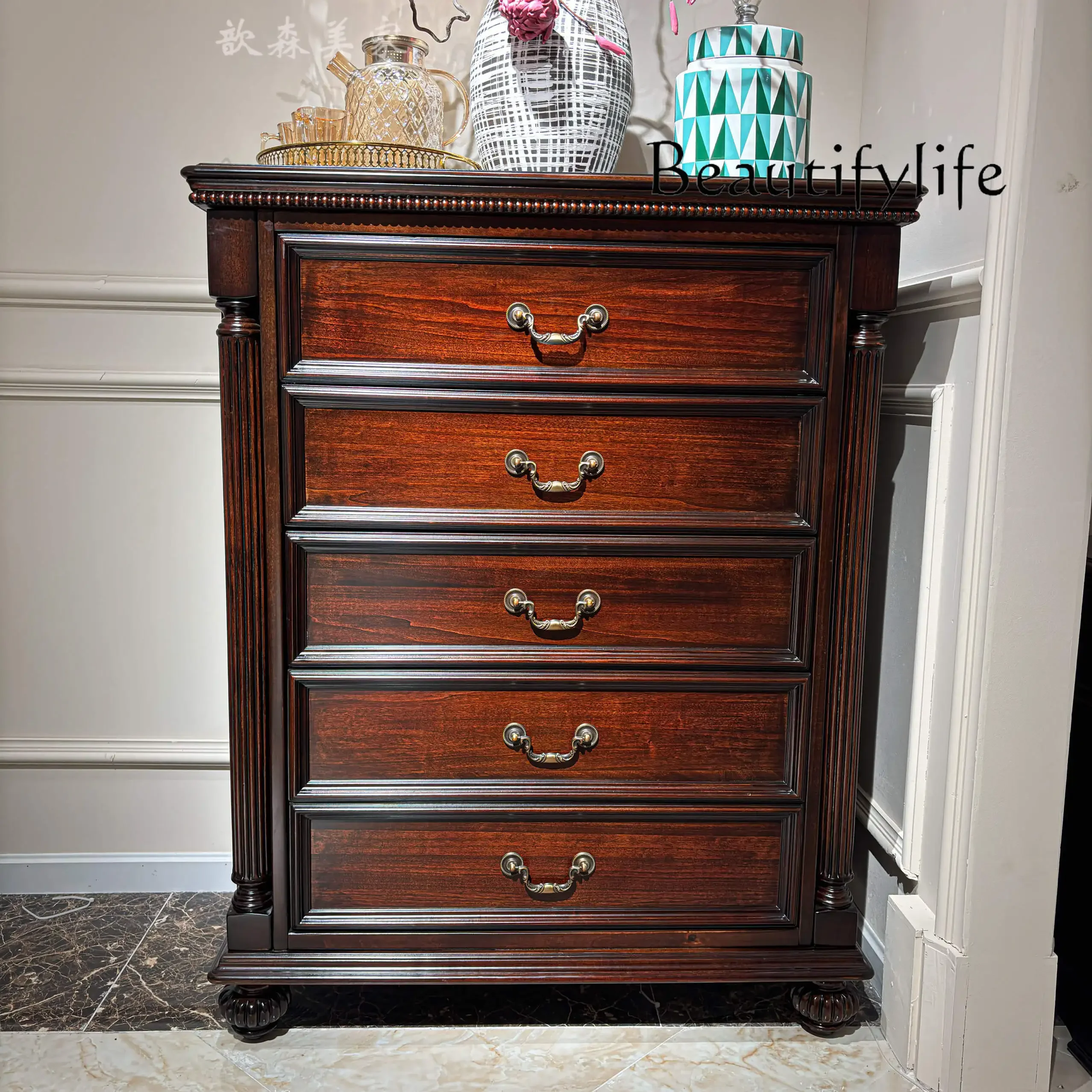 

American all-solid wood chest storage cabinet bedroom cherry wood furniture living room drawer locker