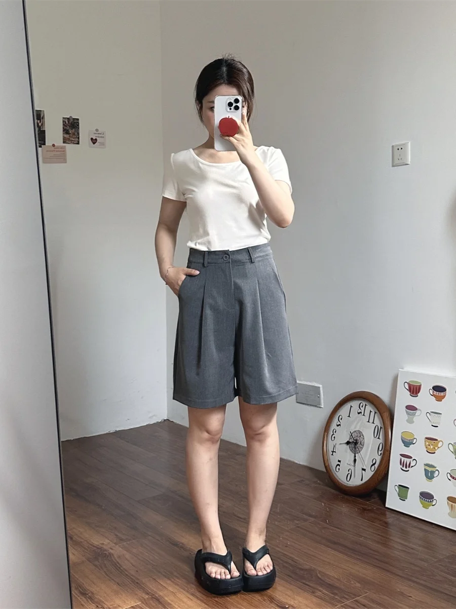 Pantaloncini Classici a Vita Alta e Gamba Larga, Neri, Casual, per il Lavoro, a Linea A, Estivi, Nuovi, Effetto Snellente a Pera